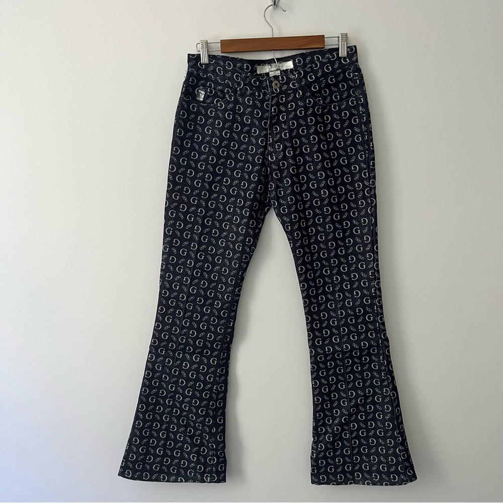 Vintage Guess Logo All Over Print Flare Blue Jeans Y2K 90s Retro 28
